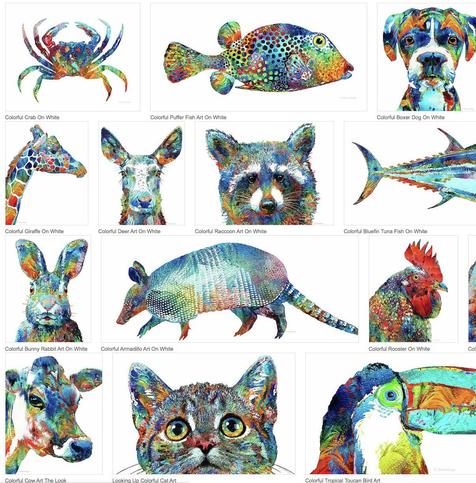 Colorful animals on white.  Art by Sharon Cummings.