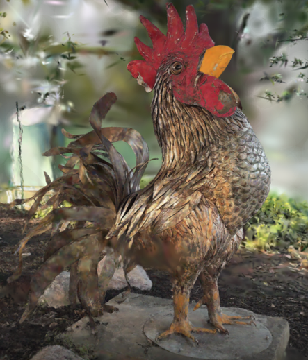 Image of a chicken (rooster!) statue made of metal with many curved segments making up its tail that is basically in focus with surroundings oddly out of focus not because of the usual optics of how a lens works but because this is a teaser of a gaussian splat that could be navigated if you click through the associated link.
