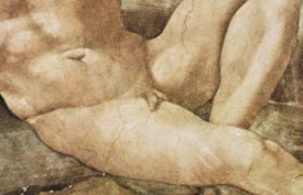 Close-up of Michelangelo's The Creation of Adam depicting Adam's crotch. Michelangelo gave him an infant's penis to make him appear innocent like a child.