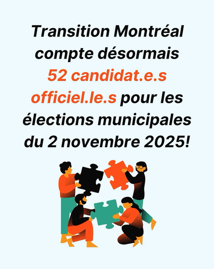 Annonce avec photo des gens avec morceaux d’un puzzle qui indiquent qu’on a maintenant 52 candidat.e.s