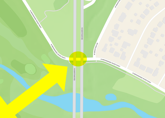 A map of the intersection of the Menomonee River Parkway and Mayfair Road in Wauwatosa.