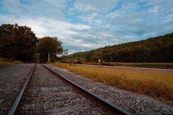 Railroad tracks converge from about 2/3 the width of the bottom of the frame to the midline where they disappear into a grove of trees;  to the right a grass margin,  then a road,  than a hill which is starting to look light it's about to burst into fall color with a mostly cloudy sky with a few blue patches showing through.