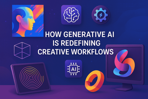 The image is a stylized graphic illustrating how generative AI is revolutionizing creative workflows, shown through various abstract symbols related to technology, creativity, and AI processing.
