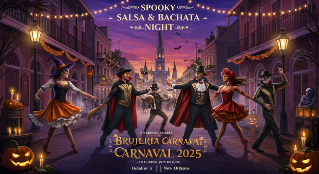 A vibrant Halloween-themed salsa and bachata dance party in New Orleans during Brujeria Carnaval 2025. Dancers in colorful costumes – witches, warriors, superheroes, and anime cosplay – move energetically under glowing purple and orange lights. The French Quarter architecture is visible in the background with festive decorations, pumpkins, candles, and mist, creating a spooky yet lively carnival atmosphere. Text overlay: “Spooky Salsa & Bachata Night – Oct 3, 2025. - Creed leather