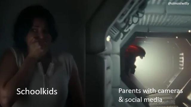 A xenomorph/alien stalking someone - or a kid in early September hiding from their parent with a camera...