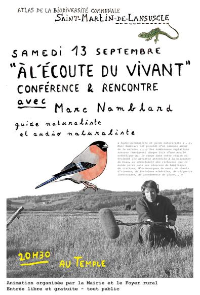 Affiche de la conférence, avec notamment un dessin de Bouvreuil pivoine et une photo en noir et blanc me représentant au travail, perche en main, dans une prairie vosgienne.