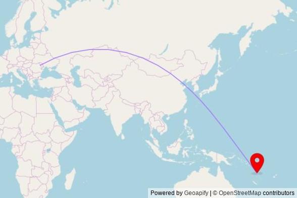 A map showing the great circle route from Iași in Romania to a map pin at Jehovah witness, Avenue Pasteur, Luganville, Vanuatu