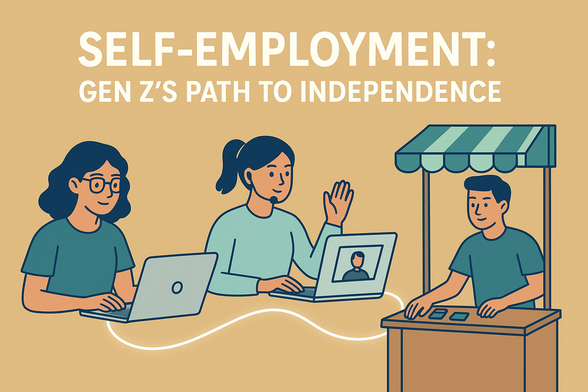 
 Flat, aspirational illustration of three Gen Z individuals connected by a glowing thread: one works on a laptop, another teaches online with a headset, and one manages a small street stall. Text overlay reads: “Self-Employment: Gen Z’s Path to Independence.”