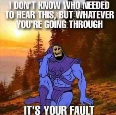 I DON'T KNOW WHO NEEDED TO HEAR THIS, BUT WHATEVER YOU'RE GOING THROUGH IT'S YOUR FAULT

[pic of skeletor sitting and thinking out in the wilderness]
