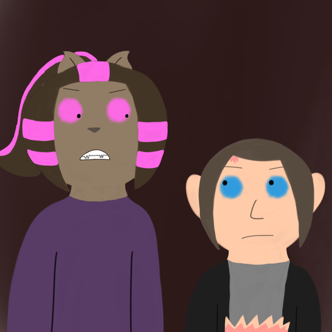 Drawing of Nova looking really angrily at Minna and Minna looks at Nova angrily as well but not as much as Nova does. The background is in dark reddish color, symbolizing how they hate each other