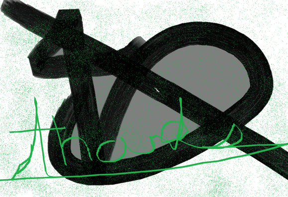 A rough digital drawing of the number "10" in thick black strokes, twisted into a loose Celtic knot shape. A thin green line scribbles the word “thanks” across the image, blending into the textured background, which is sprinkled with green static-like noise. The composition is chaotic but expressive, evoking themes of gratitude, recursion, and raw creative energy.