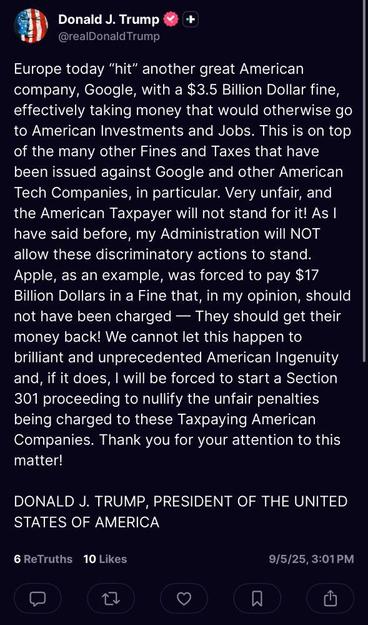 Trump about Google fine