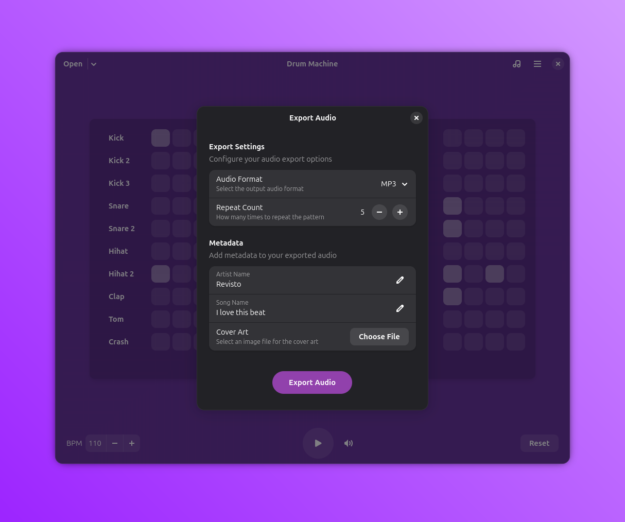 Audio export dialog showing MP3 format, repeat settings, and metadata fields for artist name, song title, and cover art.