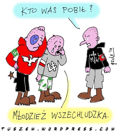 Neofaszysta do dwóch innych:
"Kto was pobił?" "Młodzież Wszechludzka".