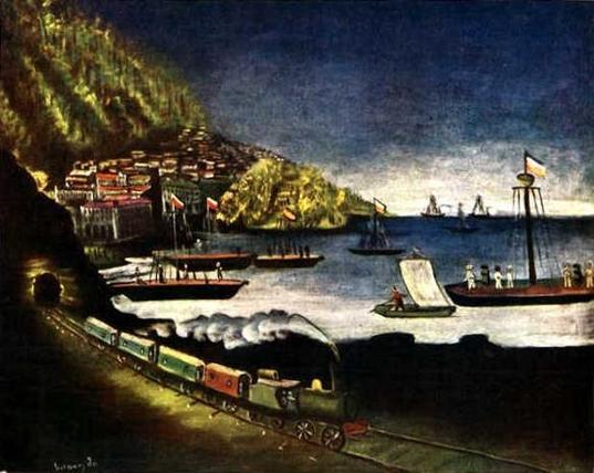 A surreal oil painting by Niko Pirosmani showing a coastal scene. A steam train emerges from a dark tunnel at the bottom left, curving toward a town on a hill. The harbor is filled with still ships, sailboats, and human figures. The sky is dark blue fading to light at the horizon, giving the whole scene a dreamlike, frozen-in-time quality.