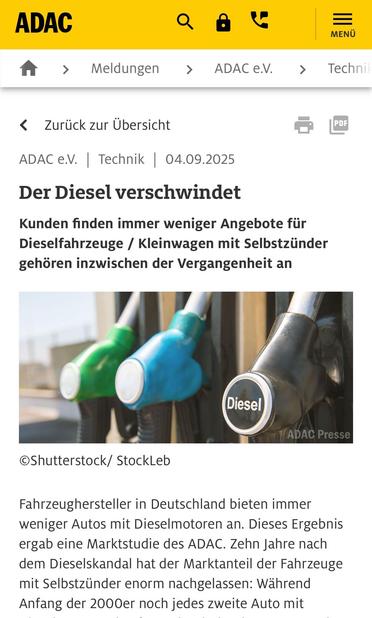 ADAC: Der Diesel verschwindet
Kunden finden immer weniger Angebote für Dieselfahrzeuge / Kleinwagen mit Selbstzünder gehören inzwischen der Vergangenheit an