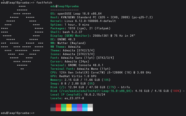 El comando fastfetch ejecutado en openSUSE Leap 16 (Linux).