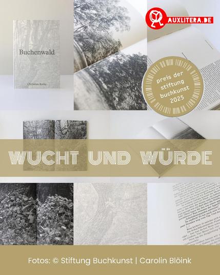 Eine Collage an Schwarzweißbildern: Das Buch von außen und von innen. Zu sehen sind Seiten mit Fotografien von Bäumen und Natur, und Schriftpassagen
