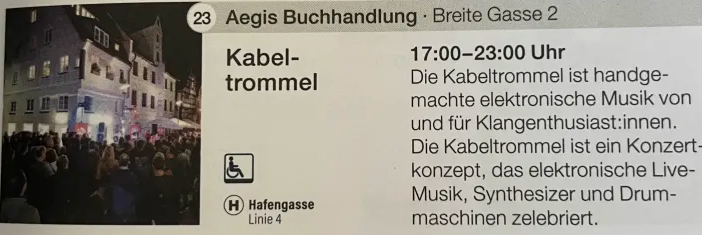 Kabeltrommel auf der Ulmer Kulturnacht am 20.09.2025 in der Breite Gasse 2, Aegis Buchhandlung auf der Straße. 17-23 Uhr.