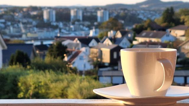 A cup of coffee, view of town in the background, greenery, early sunset.