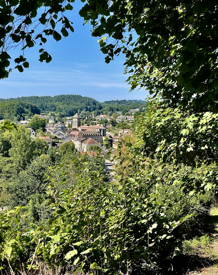 Les branches d’arbres encadrent une trouée dans la perspective sur la petite ville dominée par le clocher de la collégiale. Collines arborées en fond et ciel bleu. 
