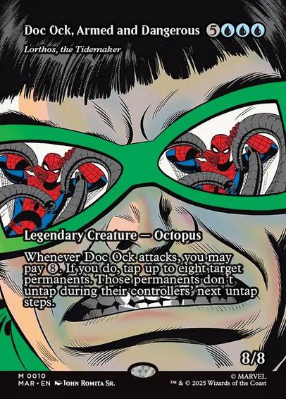 Card Name: Lorthos, the Tidemaker
Set: Marvel Universe
Description: Whenever Lorthos attacks, you may pay {8}. If you do, tap up to eight target permanents. Those permanents don't untap during their controllers' next untap steps.
Artist: John Romita Sr.