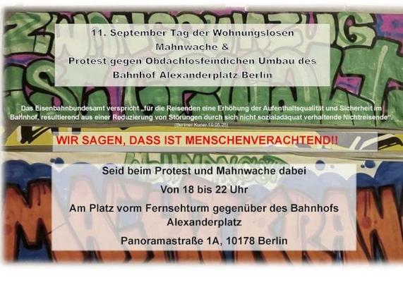 Plakat zur Kundgebung des Berliner Bündnisses "Gemeinsam gegen Obdachlosigkeit" 11.9., um 18:00 Uhr, Berlin, Alexanderplatz, gegen menschenverachtenden Ermessensfehlgebrauch der Eisenbahnbehörde, menschenverachtende Äußerungen im Tagesspiegel und Berliner Kurier, menschenverachtende Behandlung von Obdachlosen und Wohnungslosen.