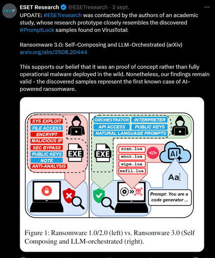 Dernier message rajouté par @EsetResearch sur X/Twitter
UPDATE: was contacted by the authors of an academic
study, whose research prototype closely resembles the discovered
samples found on VirusTotal:
Ransomware 3.0: Self-Composing and LLM-Orchestrated (arXiv)
This supports our belief that it was an proof of concept rather than fully
operational malware deployed in the wild. Nonetheless, our findings remain
valid - the discovered samples represent the first known case of Al-
powered ransomware.
Figure 1: Ransomware 1.0/2.0 (left) vs. Ransomware 3.0 (Self
Composing and LLM-orchestrated (right).
