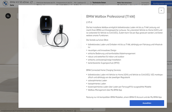 Screenshot of BMW product configuration showing details of the BMW Wallbox Professional