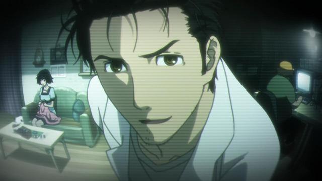 A man (Rintaro) leaning into the frame while a girl (Mayuri) and boy (Itaru) do things in the background which appears to be a standard rental space.