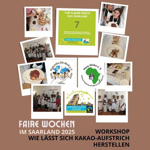 Am Sonntag 7.9.2025 fand ein gut besuchter Workshop für junge Menschen im Rahmen der Fairen Wochen im Saarland statt. Das Pendant zu Nutella – doch Fair & Bio und genauso lecker!
Im Zentrum Haus Afrika in Saarbrücken bot Hughette den Workshop an „Wie lässt sich Kakao-Aufstrich herstellen“ an. Nach der Darstellung der Grundkriterien des Fairen Handels am Beispiel Kakao ging es weiter mit der Backstunde. Verarbeitet wurde unter anderem fair gehandeltes Kakaopulver von GEPA aus dem lokalem #Weltladen Saarbrücken
Eine Veranstaltung von Hughette S.D-Welt e.V. in Kooperation mit Zentrum Haus Afrika und der Fairtrade Initiative Saarland. 