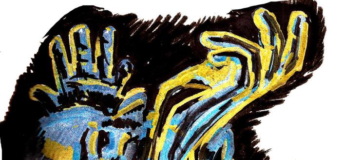 Dibujo en marcadores sobre fondo blanco en formato apaisado donde se ven dos manos fuera de proporción y el rostro de un hombre de perfil que surgen desde el costado inferior del cuadro. El estilo es expresivo de colores amarillo-dorado, Azul-metalico y sombras y detalles en negro.