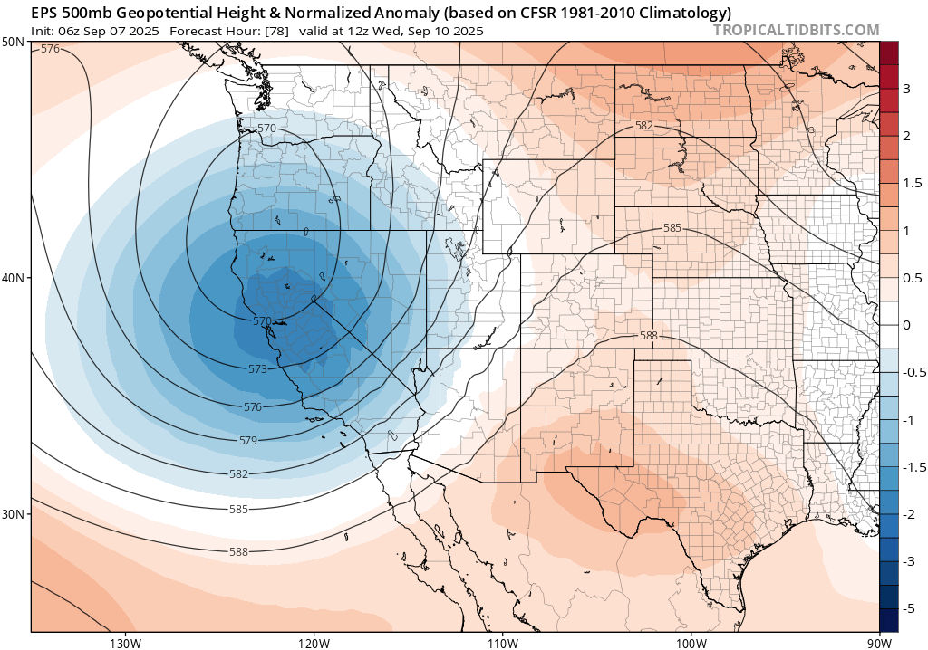 Snapshot from ECMWF model ensemble depicting a low pressure system centered over Northern California early this week.