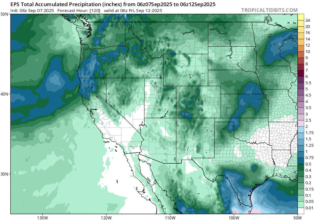 ECMWF ensemble depiction of accumulated precipitation in the western United States over he next 4 days. Widespread totals over one half inch are depicted across far northern and northwestern California as well as most of southern Oregon, with lesser amounts north into the Pacific Northwest and as far south as the Tahoe region. Little or no precipitation is depicted south of the Interstate 80 corridor.