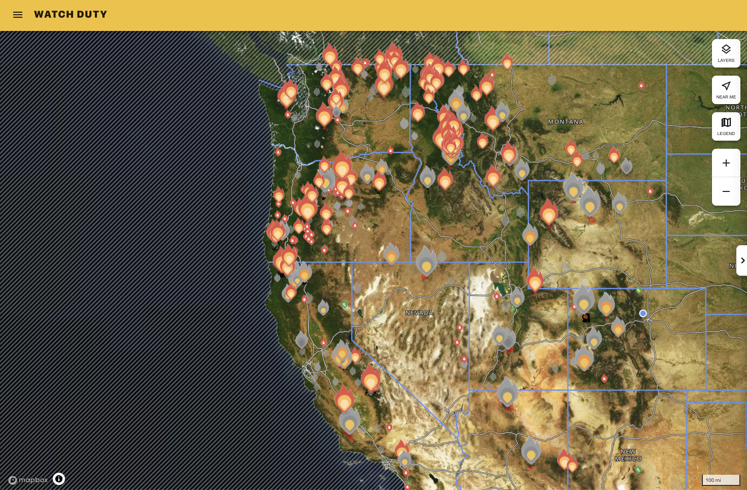 Current snapshot from Watch Duty app depicting numerous current active wildfires in the Western United States, especially across Oregon, Washington, and Idaho.