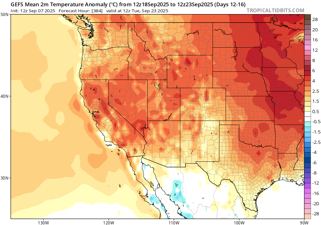 GFS ensemble depiction of widespread anomalous warmth across the western U.S. in mid September.