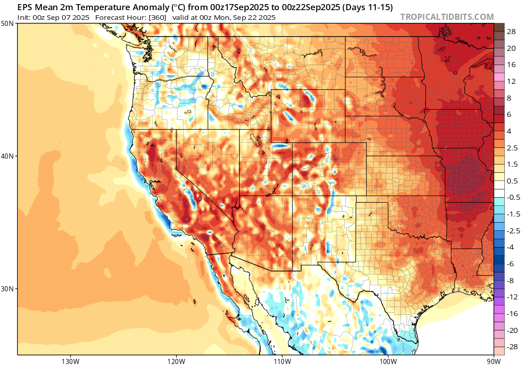 GFS ensemble depiction of widespread anomalous warmth across the western U.S. in mid September, but in this case it is centered over California.