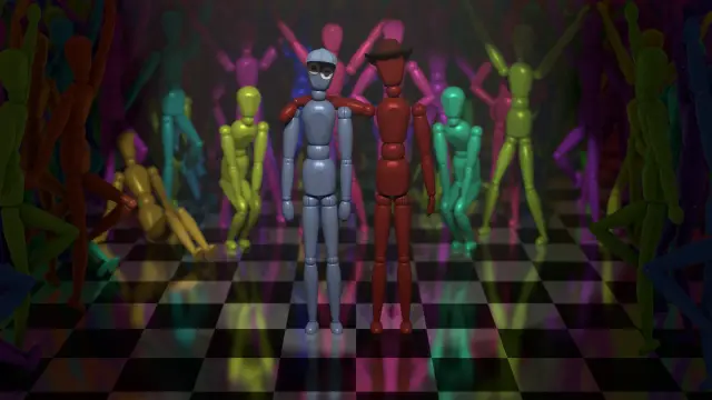 Ming and Disappearing Guy with a bunch a rainbow of nondescript mannequins.