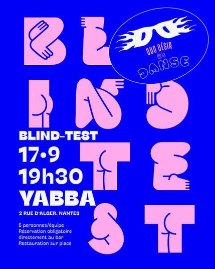 Affiche avec des petites fesses pour annoncer un blind-test au Yabba à Nantes le 17.09. Visuel : Mélanie Bourgoin