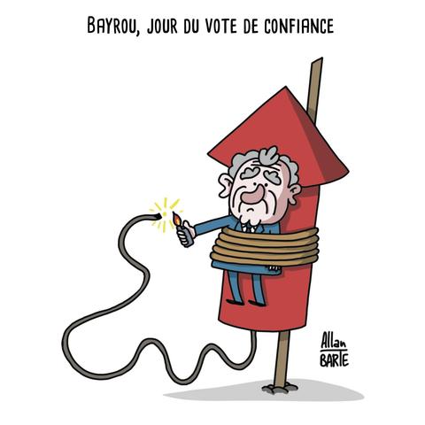 Illustration d’Allan Barte

Titre :  Bayrou, jour du vote de confiance

François Bayrou est attaché avec des cordes à une grande fusée de feu d’artifice rouge, prête à être lancée. Il tient un briquet enflammée et allume lui-même la mèche qui serpente au sol.