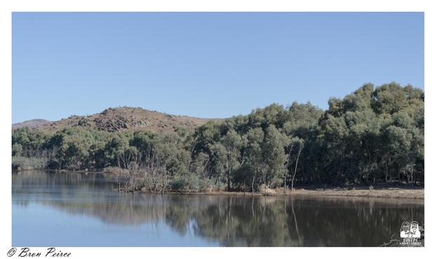 A tranquil landscape captured by Bron Peirce for 2 Peeps and a Camera, featuring a calm body of water bordered by dense trees and vegetation.

The water reflects the surrounding greenery and clear blue sky, creating a mirror-like effect. In the distance, a rocky hill with sparse growth rises under the open sky.

The image is signed “Bron Peirce” and includes the logo for 2 Peeps and a Camera in the bottom right corner.