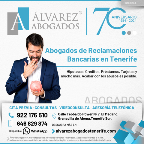Abogados de Reclamaciones Bancarias en Tenerife. Acabar con los abusos es posible. Cláusula suelo, gastos hipotecarios, IRPH, tarjetas revolving, Swaps, seguros prima única, cuota final hipoteca abusiva, usura, cláusulas abusivas y mucho más. Solicite información sin compromiso. 
https://alvarezabogadostenerife.com/2019/02/reclamaciones-bancarias-tenerife/

#alvarezabogados #abogados #Tenerife #reclamaciones #bancos #usura #abusos #dinero #tenerifelegal
