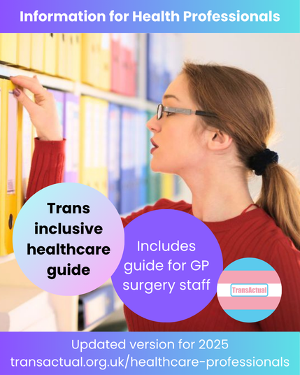 Text reads: Information for Health Professionals. Trans  inclusive healthcare guide includes guide for GP surgery staff. Updated version for 2025 transactual.org.uk/healthcare-professionals

Image is a person wearing glasses and a red jumper pulling a ring binder from a shelf of multi-coloured folders 