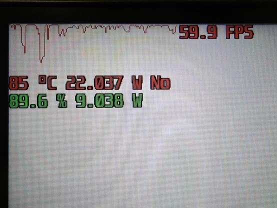 Imagen con gráfica de FPS en pantalla, temperatura de CPU y GPU además de consumo de potencia por cada uno de ellos.