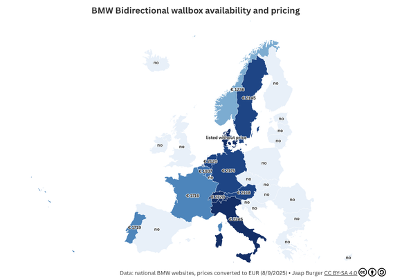 Map of Europe showing whether the BMW bidirectional wallbox is available and, if so, at what price (in euro). Data collected on 8/9/2025.
Available in: Austria, Belgium, Denmark, France, Germany, Italy, Netherlands, Norway, Portugal, Sweden, Switzerland