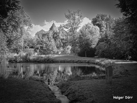 Sommerliche Parkszene im Schlosspark Laubach in Schwarzweiß: sattes Grün, Sonnenlicht, historische Kulisse im Hintergrund. Der Anblick strahlt Ruhe, Wärme und eine leise Nostalgie aus.
