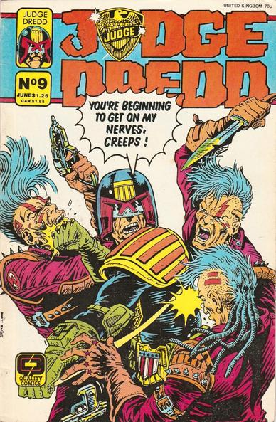 The front cover of Judge Dredd, Vol 2, No 9 for June 1987, featuring cover art by Brett Ewins showing Dredd scrapping with three members of the undercover Wally Squad with blue mohicans, who've gone native and are attacking Dredd.