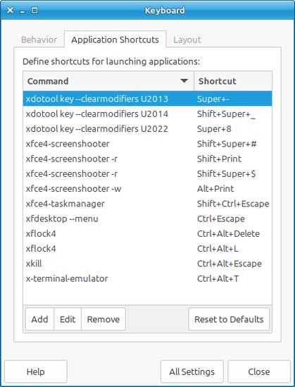 This is a screenshot of the Keyboard Settings window in Linux Mint XFCE with the Application Shortcuts tab showing all of my keyboard shortcuts.