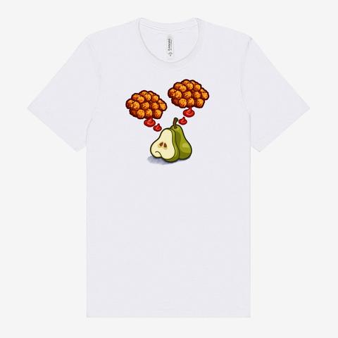 White Bella and Canvas crew neck T-shirt with an image of a sad looking pear split in half with two thought bubbles made of tater tots.  