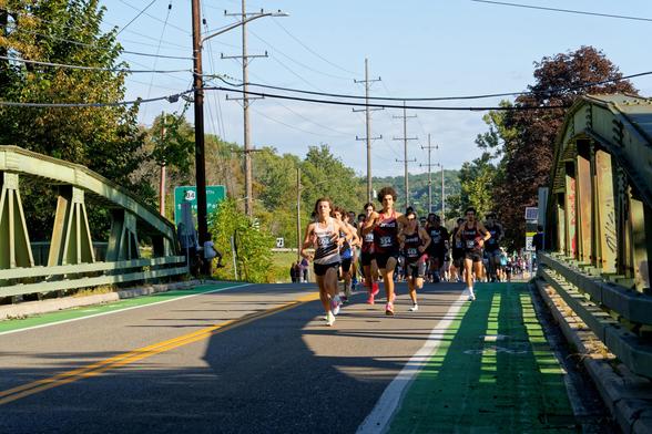 A few runners at the head of a big crowd are halfway across a small bridge with green arches on the side,  there are ugly power lines crossing behind the bridge and receding along a highway running parallel to the road;  a range of green plant colors can be seen from a few that are somewhat bright green to darker greens and other trees that are showing the first signs of red and orange as well as a big spreading one past the left arch that I always thing was on the red side of very dark green